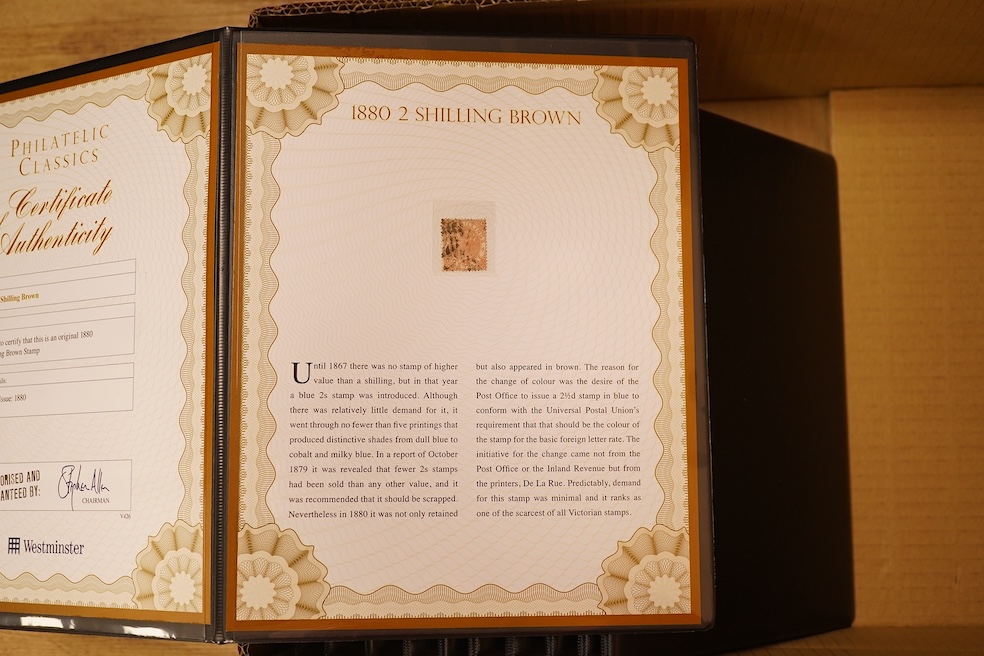 A large collection of stamps in Westminster Collection cases with certificates to include 1856 Queen Victoria 6d Lilac, 1884 10 Shilling ‘Cobalt Blue’ stamp, 1884 Victorian High Value Definitives (2s 6d, 5s, 10s), 1872-7